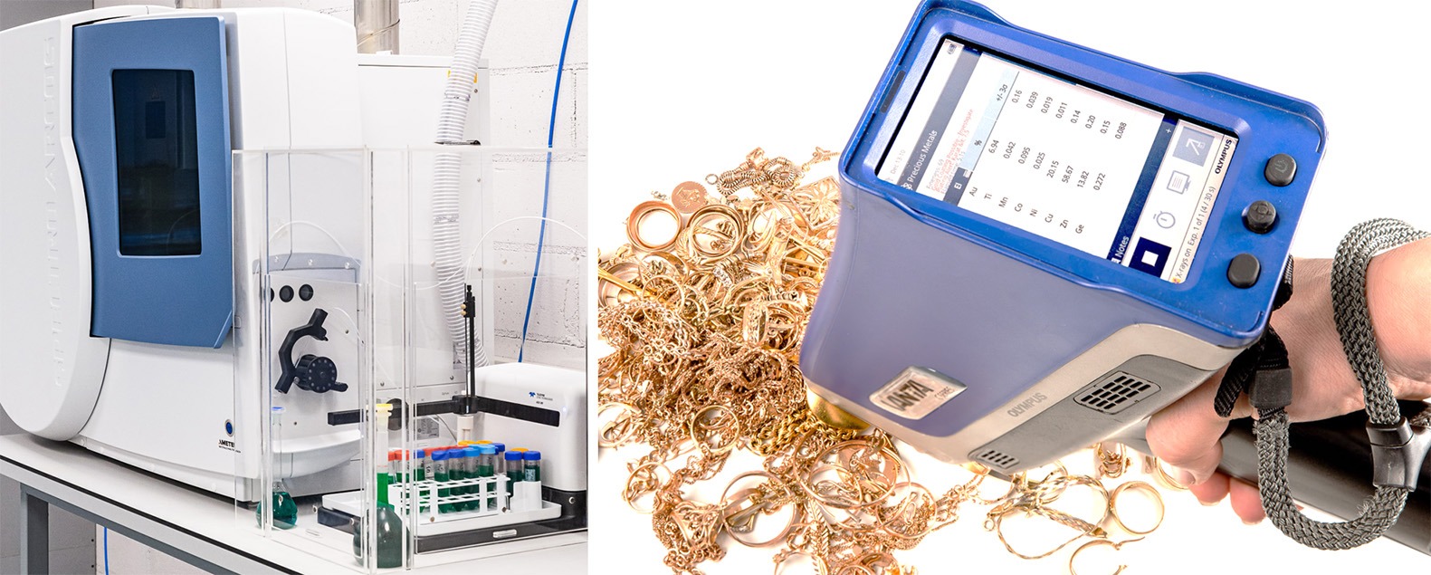ICP-OES spektrometras laboratorijoje ir rankinis Vanta XRF analizatorius matuojantis aukso lydinius